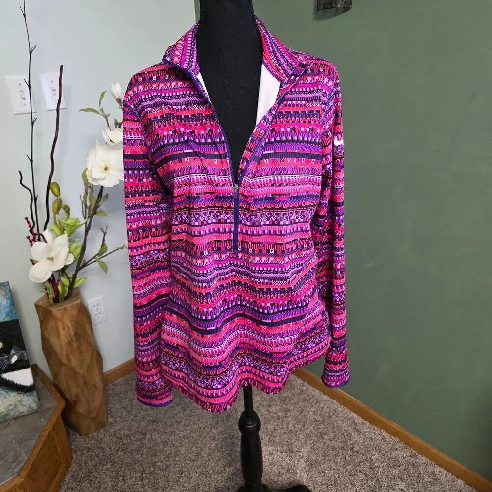 Women's Nike Pro 1/2 Zip Pullover XL Pink Purple Multi Print Athletic